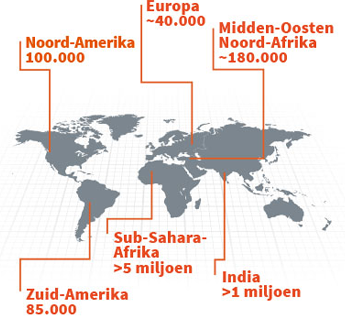 Kaart met wereldwijde prevalentie van sikkelcelziekte